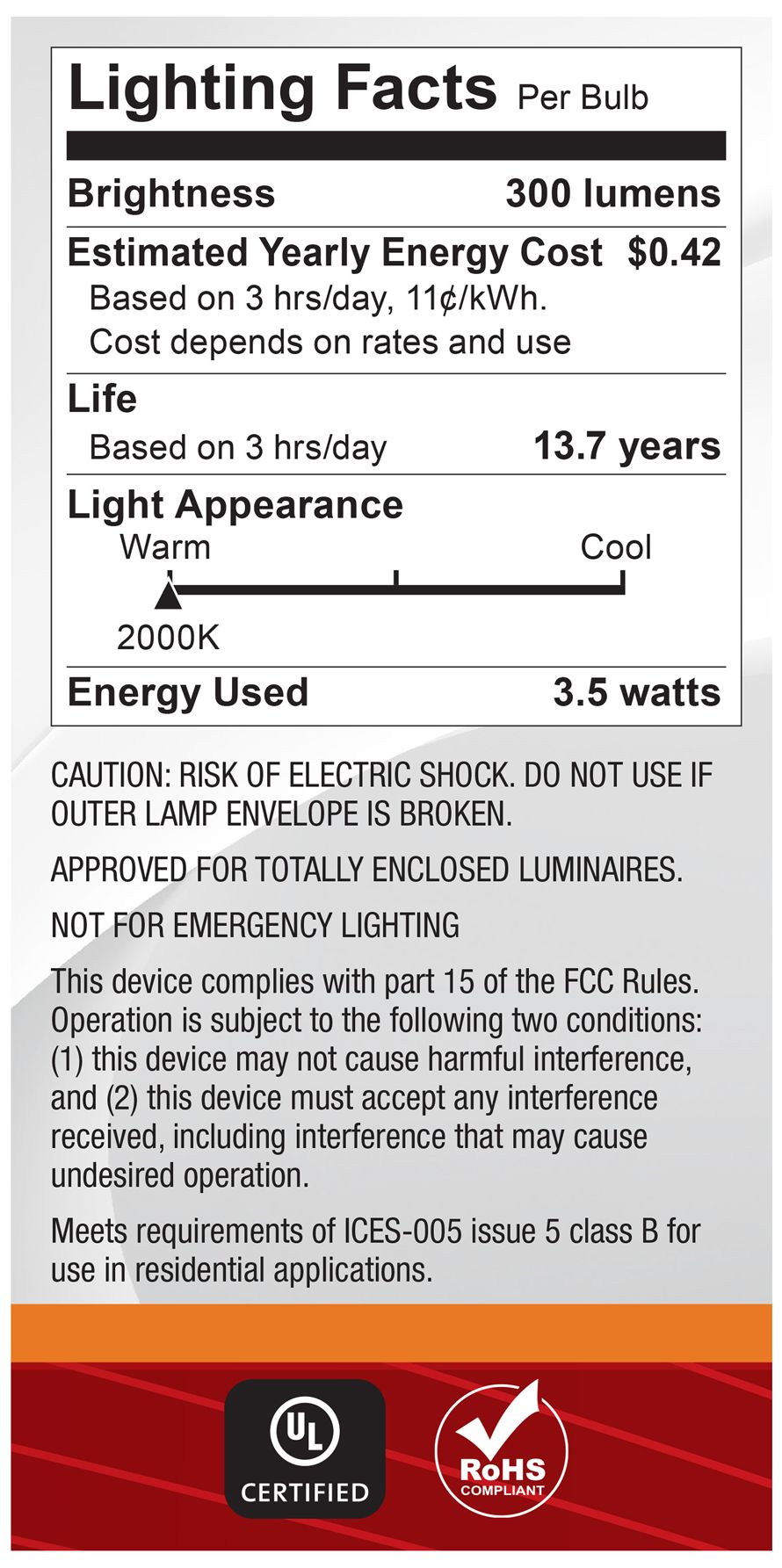 25W Equivalent Satco Clear 3.5W 2000K LED Dimmable E26 ST19