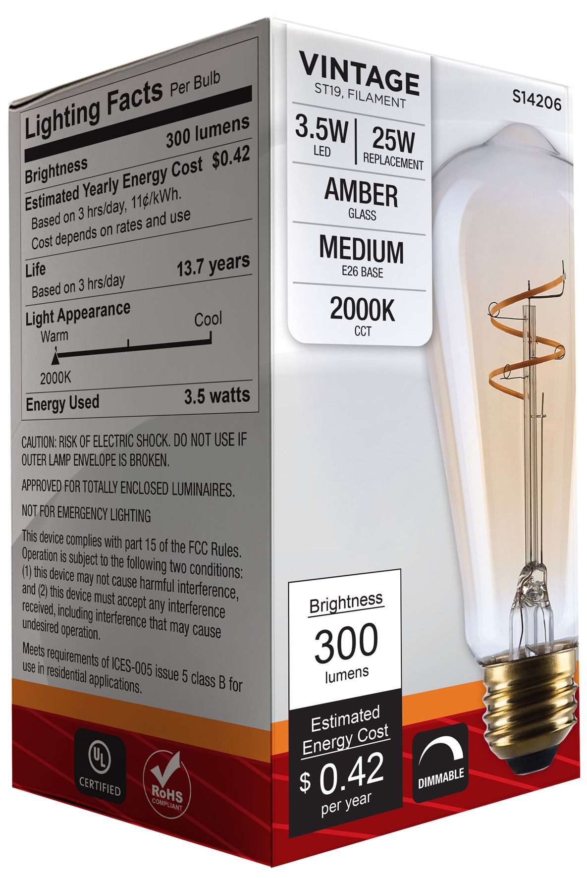 25W Equivalent Satco Clear 3.5W 2000K LED Dimmable E26 ST19