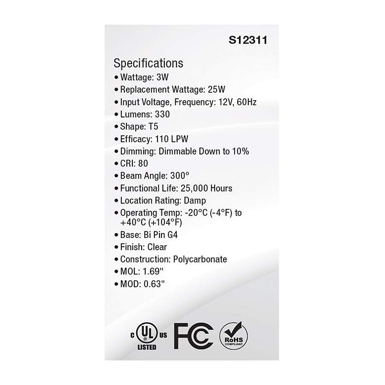 Image 6 25W Equivalent Satco Clear 3W LED Dimmable Bi-Pin G4 Bulb more views