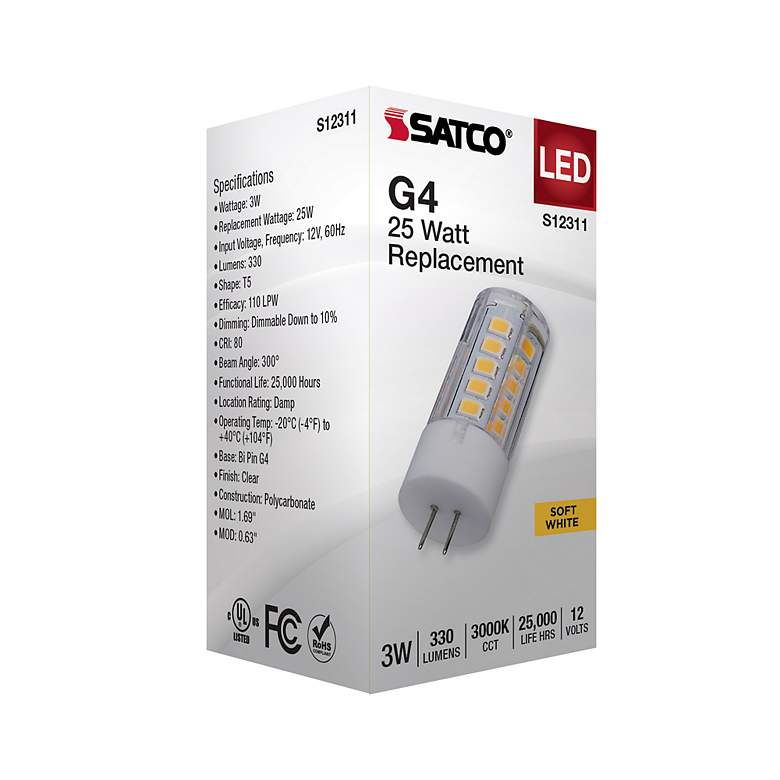Image 7 25W Equivalent Satco Clear 3W LED Dimmable Bi-Pin G4 Bulb more views