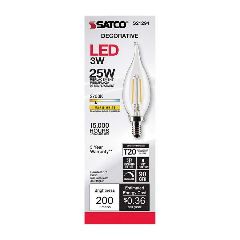 Image 4 25W Equivalent Satco Clear 3W LED Dimmable Candelabra Bulb more views