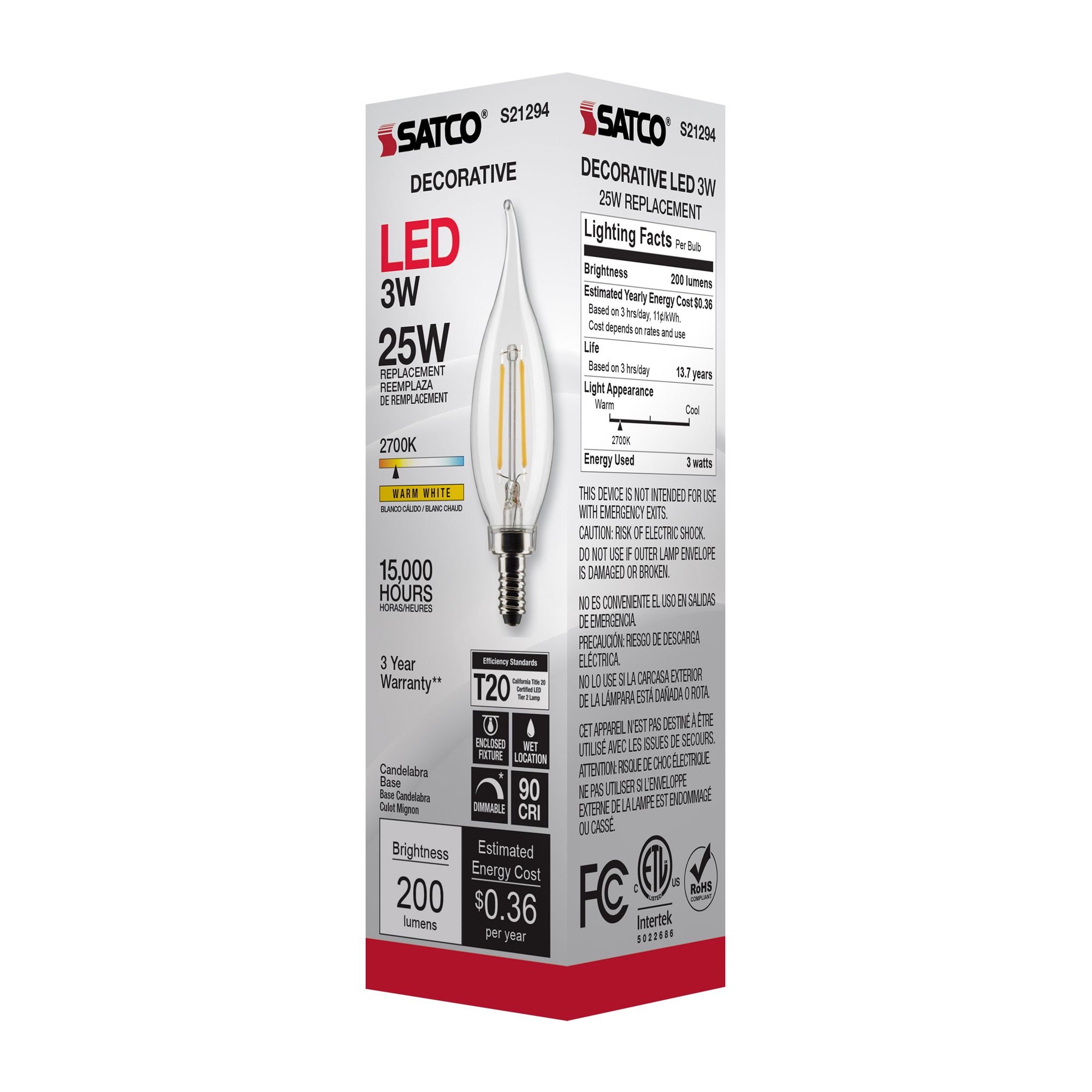 25W Equivalent Satco Clear 3W LED Dimmable Candelabra Bulb in scene