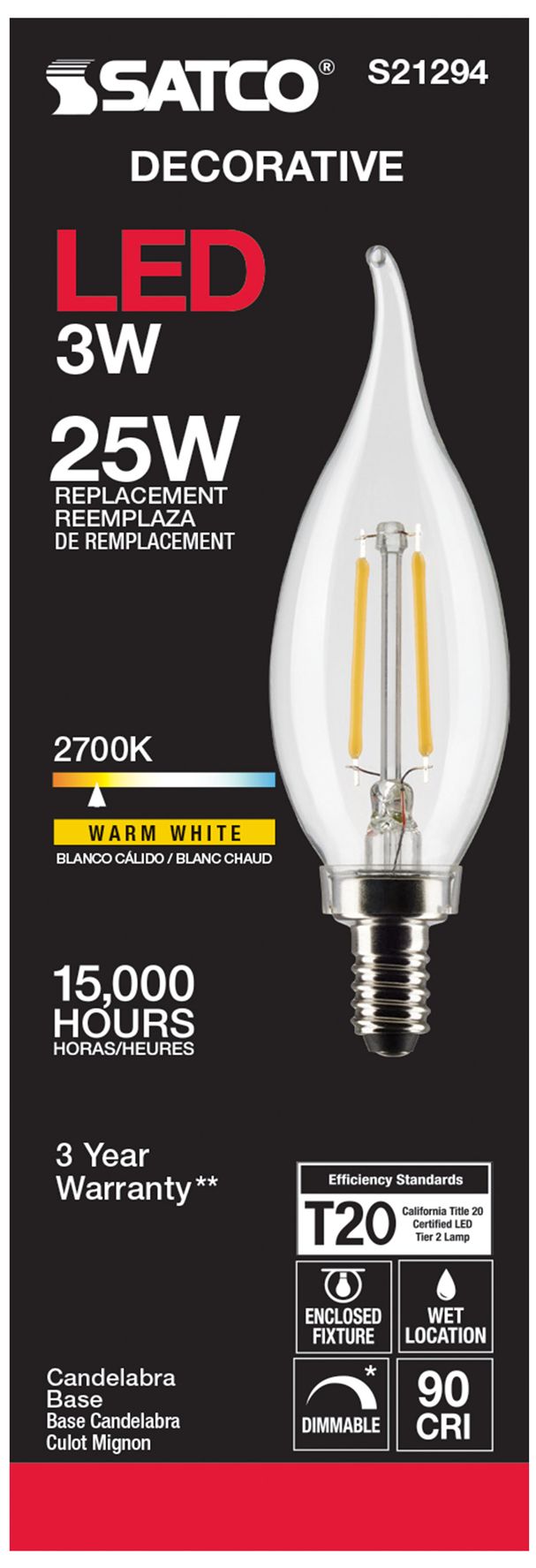 Image 5 25W Equivalent Satco Clear 3W LED Dimmable Candelabra CA10 6-Pack more views