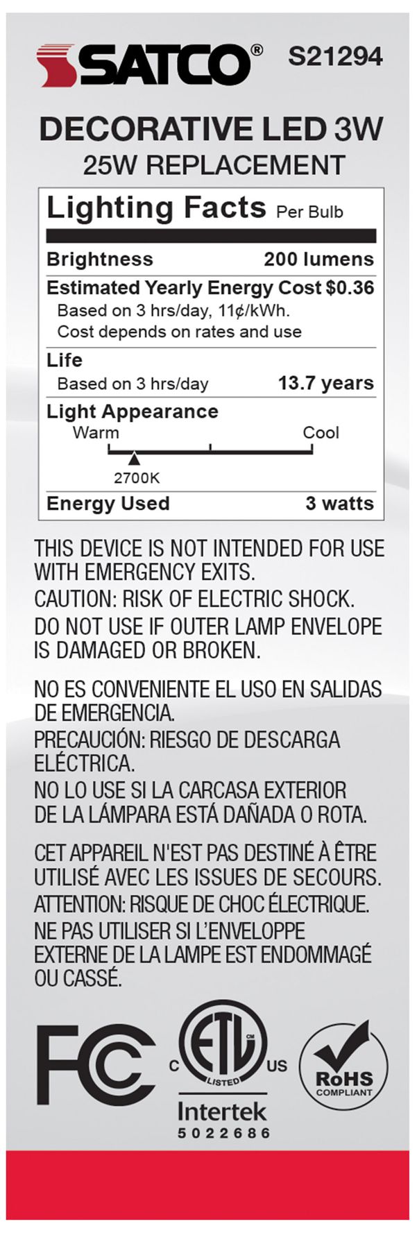 Image 6 25W Equivalent Satco Clear 3W LED Dimmable Candelabra CA10 6-Pack more views