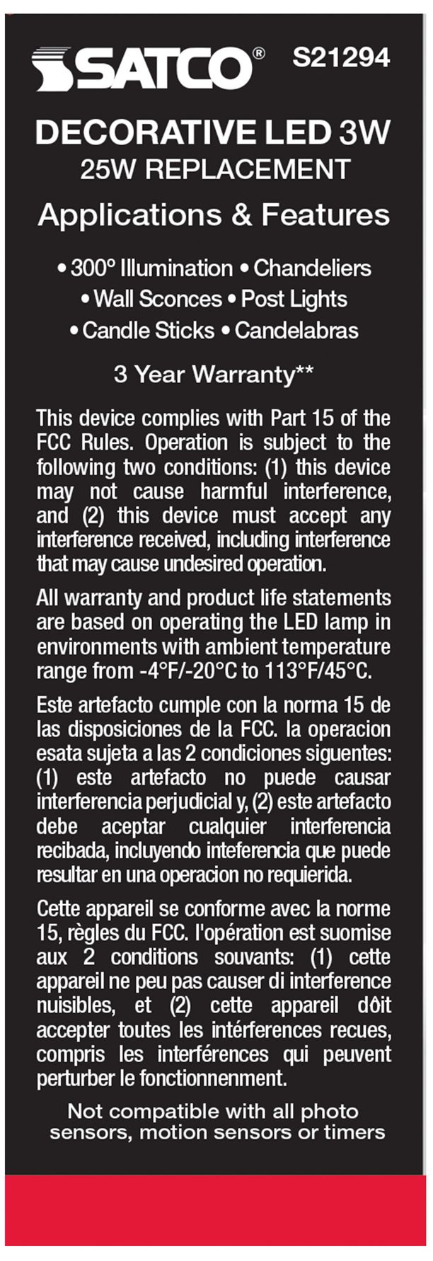 Image 7 25W Equivalent Satco Clear 3W LED Dimmable Candelabra CA10 6-Pack more views