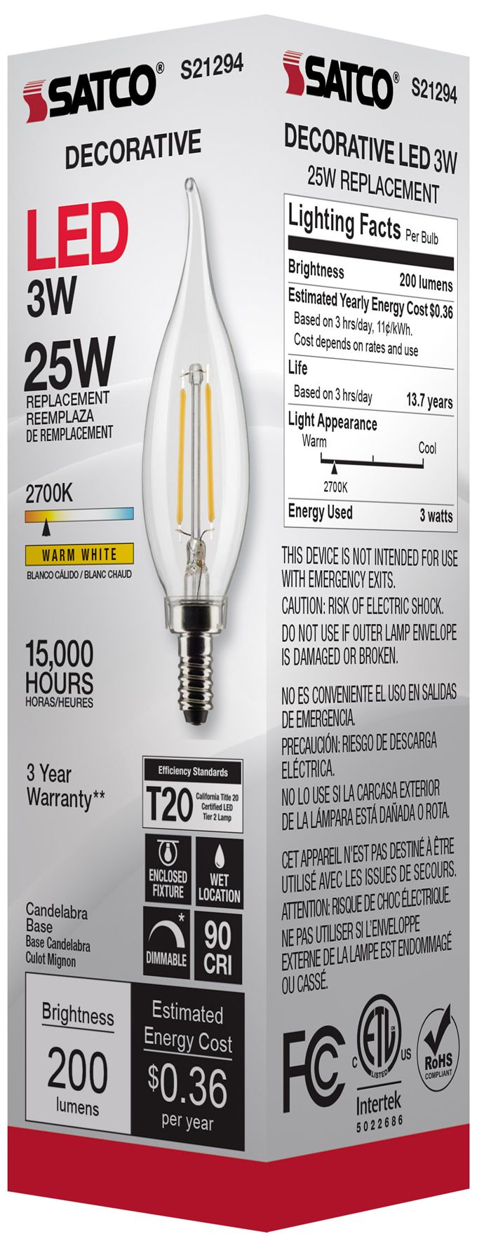 25W Equivalent Satco Clear 3W LED Dimmable Candelabra CA10 6-Pack