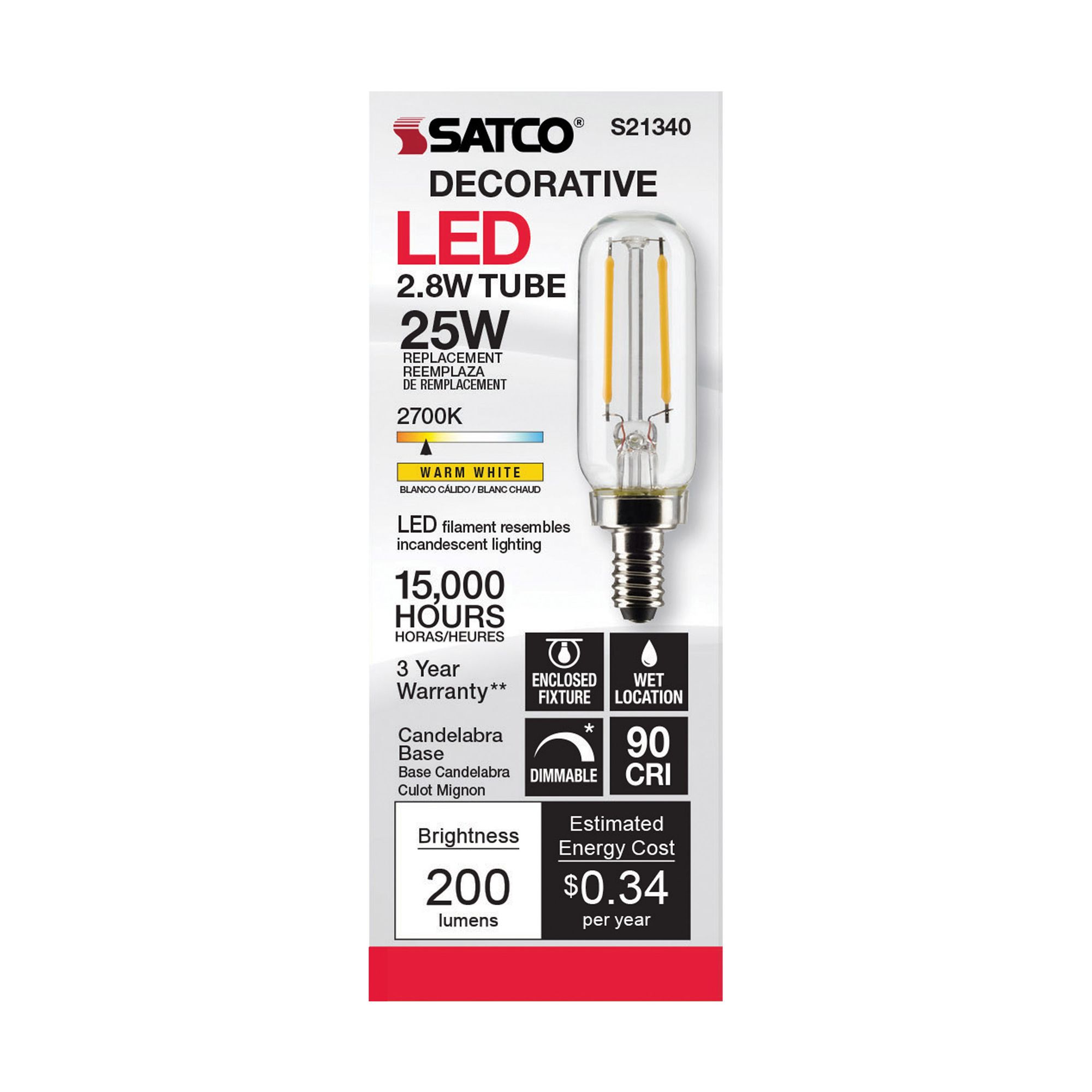 Image 5 25W Equivalent T6 2.8W 2700K LED Dimmable Candelabra Bulb by Satco more views