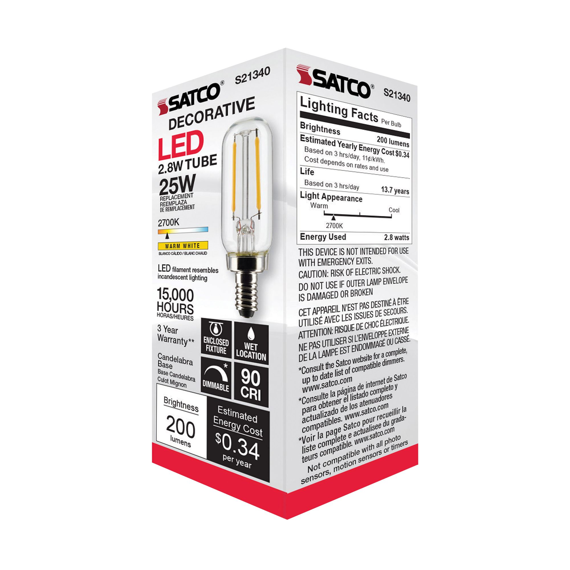 25W Equivalent T6 2.8W 2700K LED Dimmable Candelabra Bulb by Satco in scene