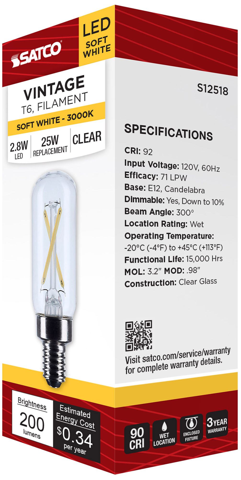 Image 2 25W Equivalent T6 2.8W 3000K LED Dimmable Candelabra Bulb by Satco more views