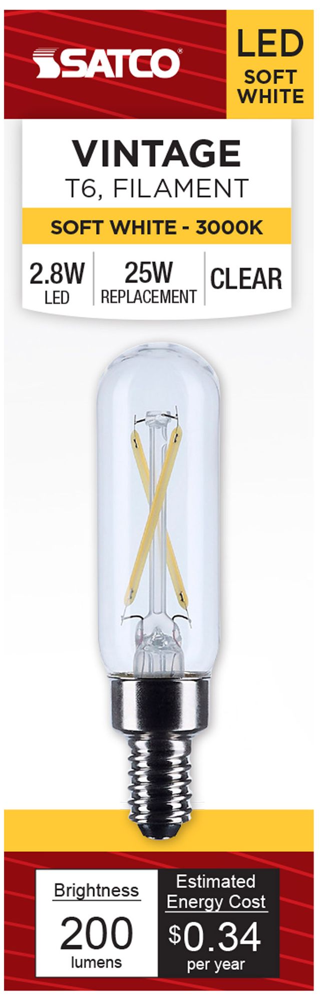 Image 4 25W Equivalent T6 2.8W 3000K LED Dimmable Candelabra Bulb by Satco more views
