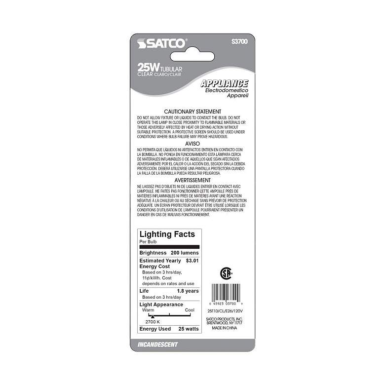 Image 3 25W Standard Base Clear Glass Appliance T10 Tube Light Bulb by Satco more views