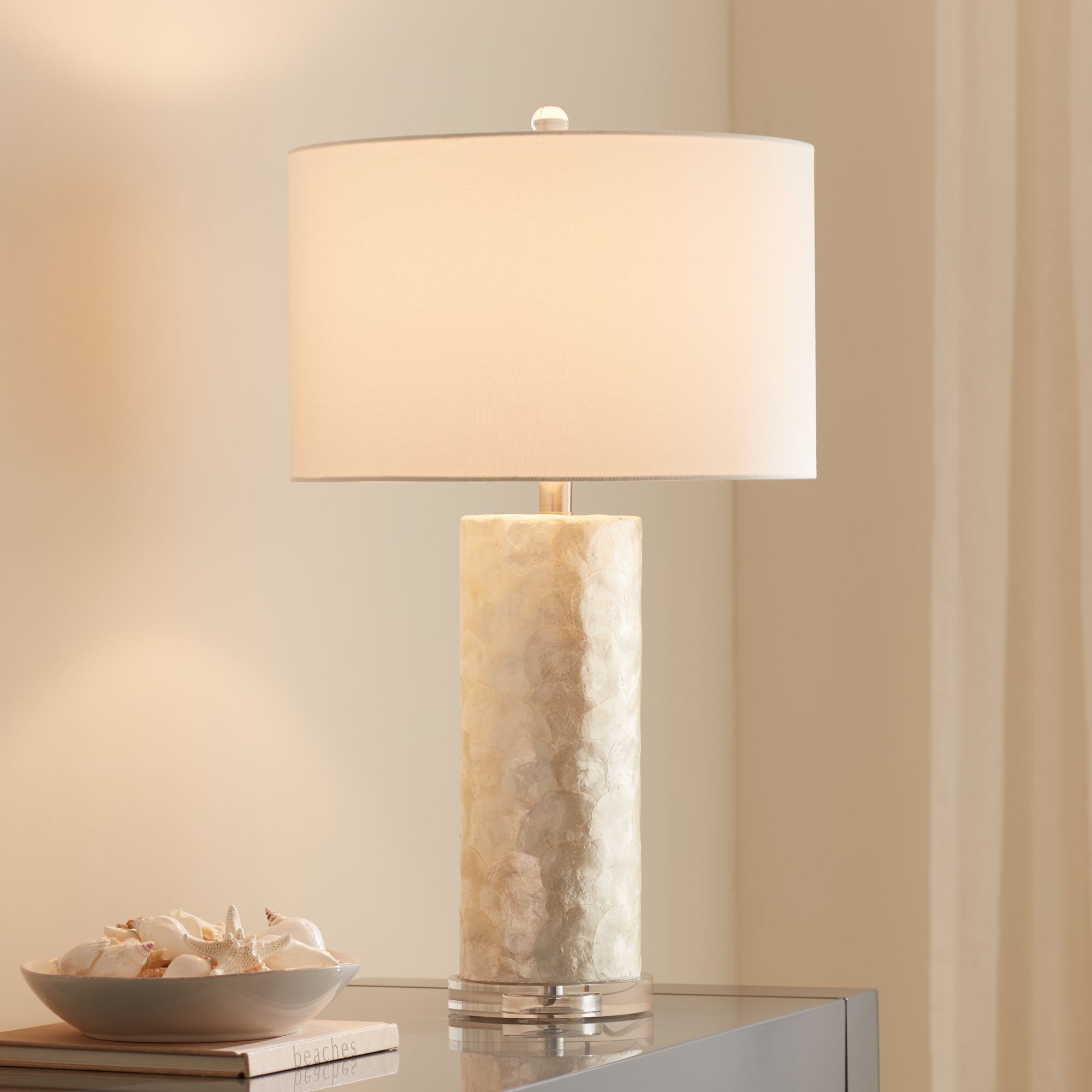 Image 1 Sabina 27 1/2" High Textured Pearlescent White Cylinder Table Lamp in scene