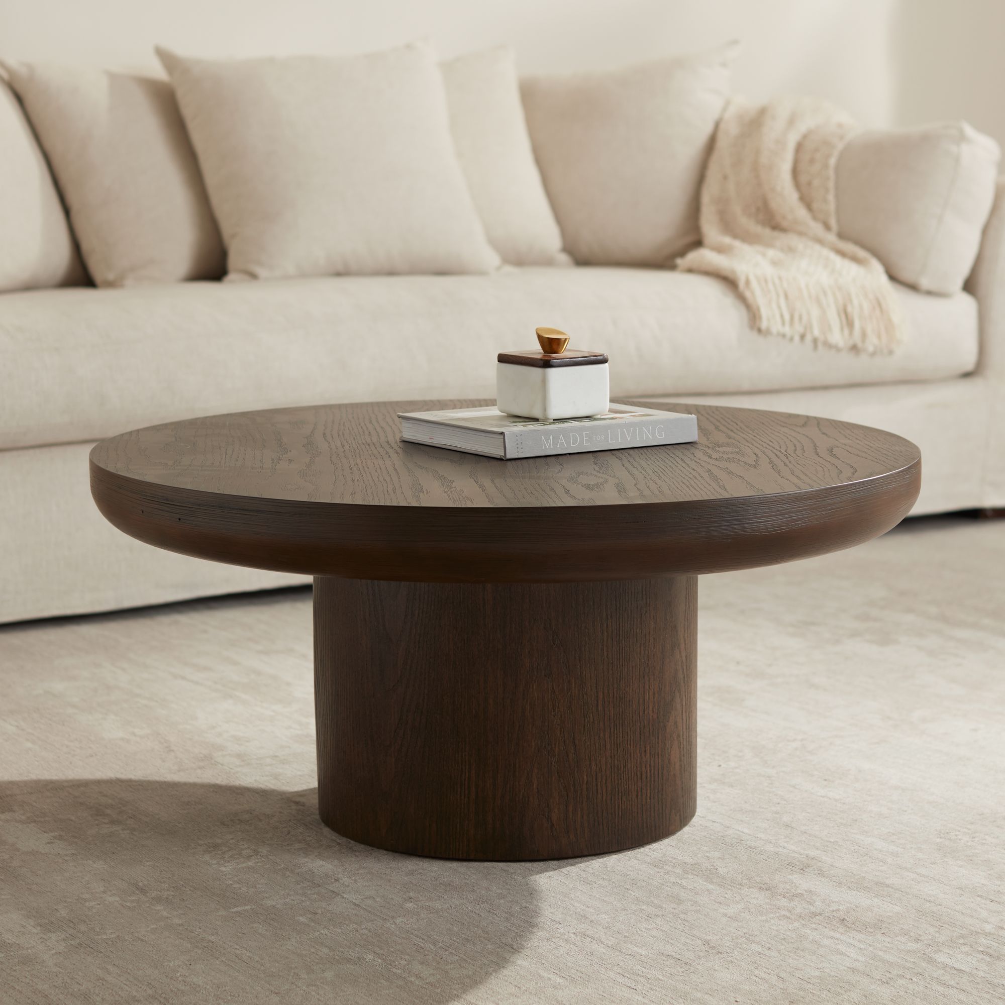 Thumbnail1 of Owen 36" Wide Rustic Modern Walnut Finish Wood Pedestal Coffee Table in scene
