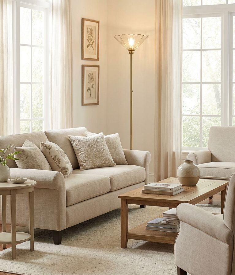 Harmony 72" High Antique Brass and Cast Glass Torchiere Floor Lamp in scene