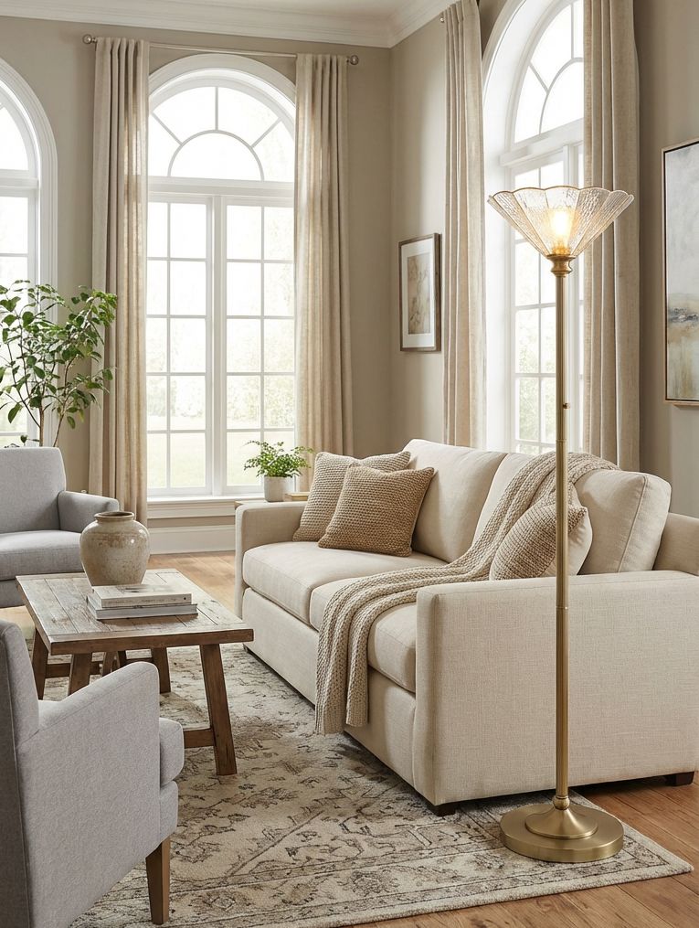 Thumbnail1 of Harmony 72" High Antique Brass and Cast Glass Torchiere Floor Lamp in scene