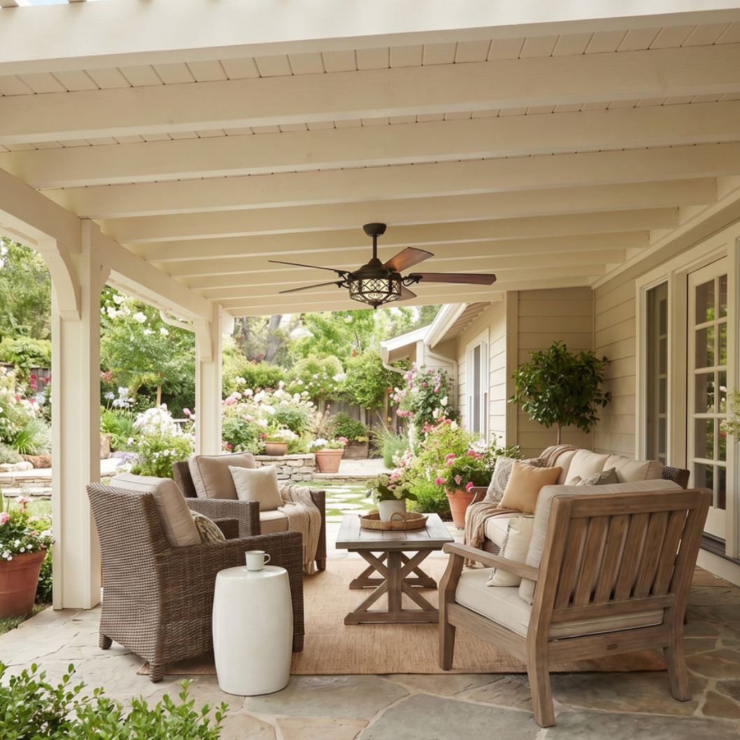 Image 1 54" Hermitage LED Golden Forged Damp Rated Ceiling Fan with Remote in scene