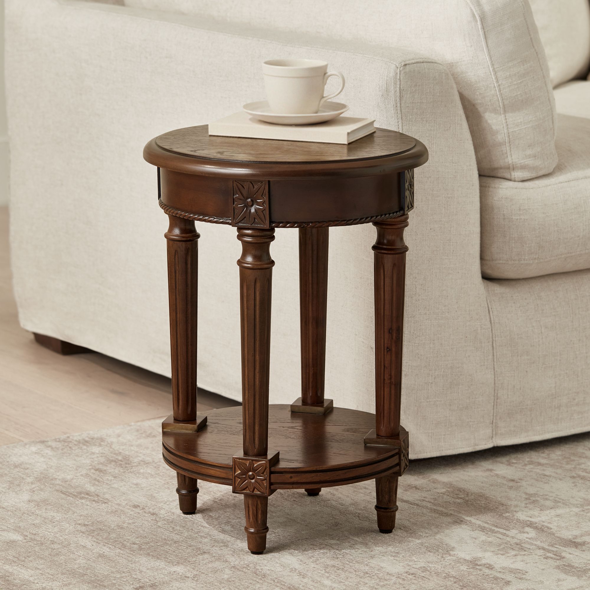 Pullman 16" Wide Distressed Walnut Finish Round End Table in scene