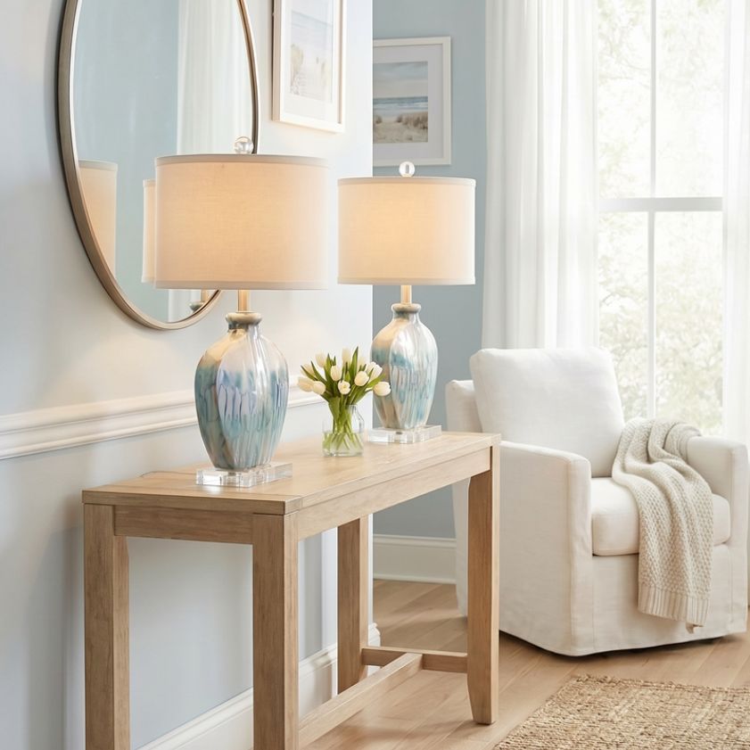 Possini Euro Mia 25" Blue Drip Ceramic Table Lamps Set of 2 in scene