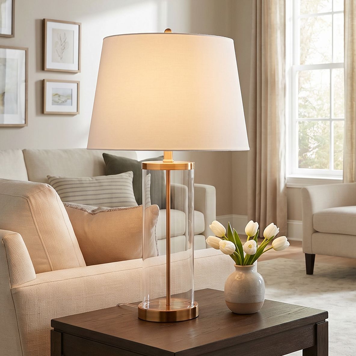 Thumbnail1 of 360 Lighting 26" Gold and Glass Cylinder Modern Fillable Table Lamp in scene