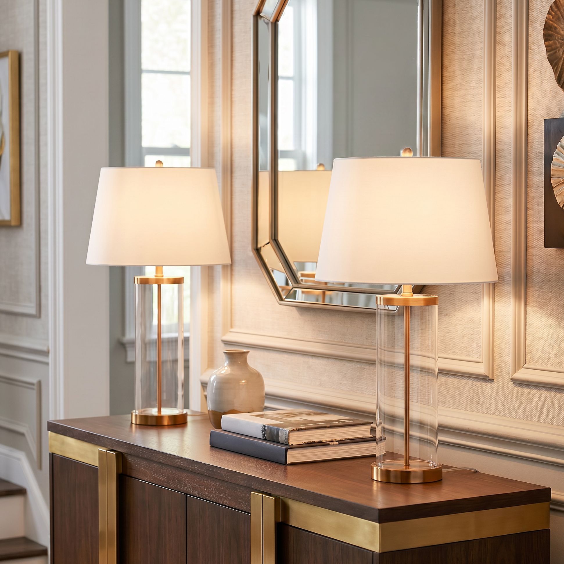 360 Lighting 26" Gold and Glass Cylinder Modern Fillable Table Lamp in scene