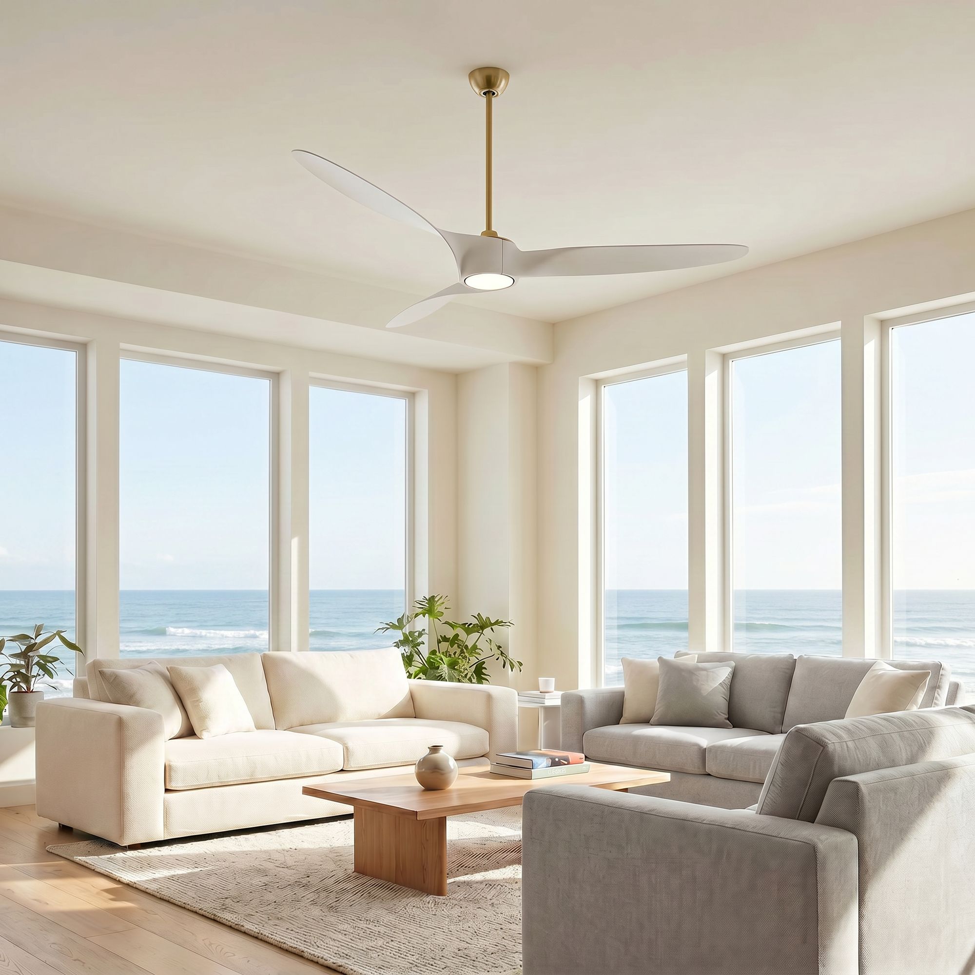 58" Casa Vieja Mako Brass and White Indoor/Outdoor LED Ceiling Fan in scene