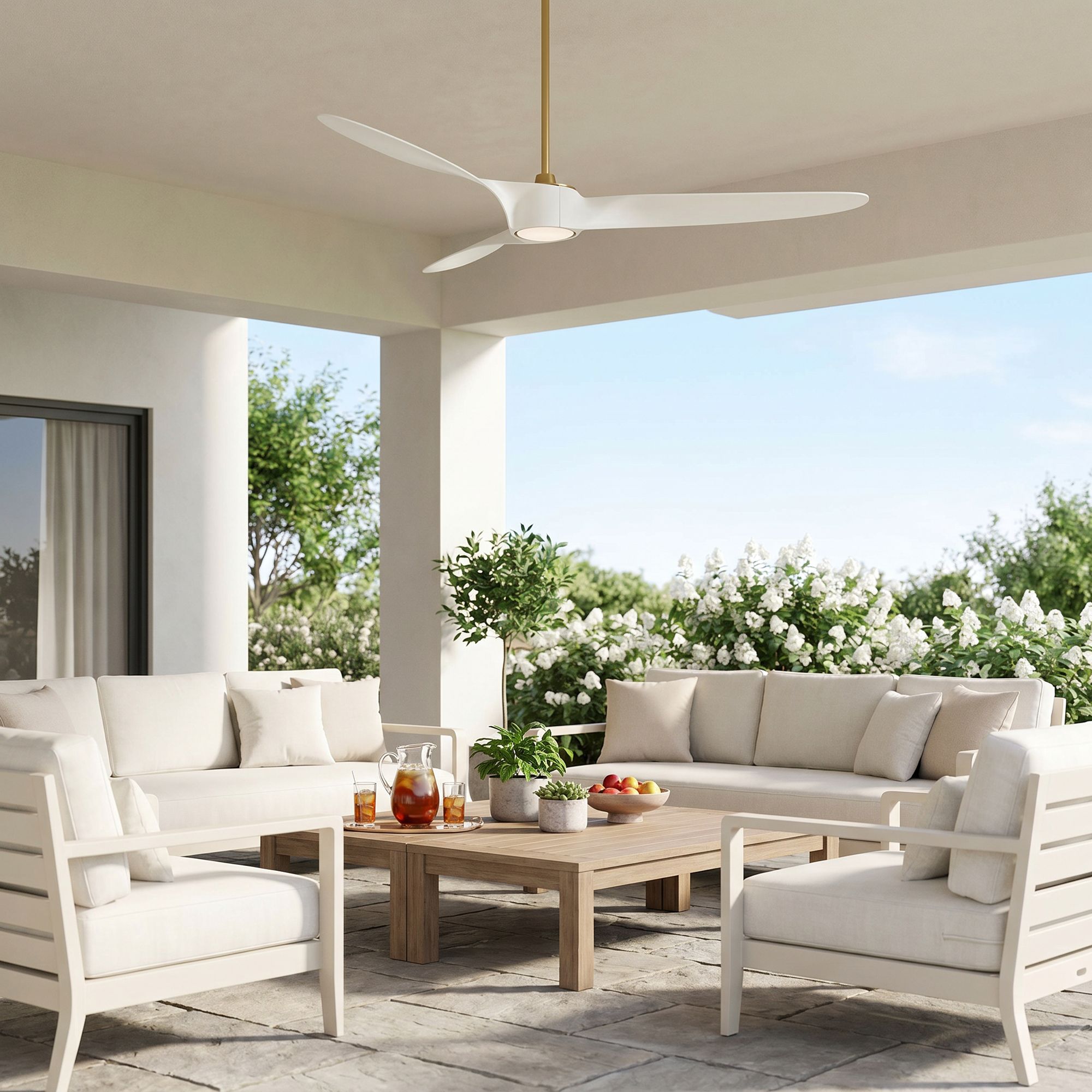 58" Casa Vieja Mako Brass and White Indoor/Outdoor LED Ceiling Fan in scene