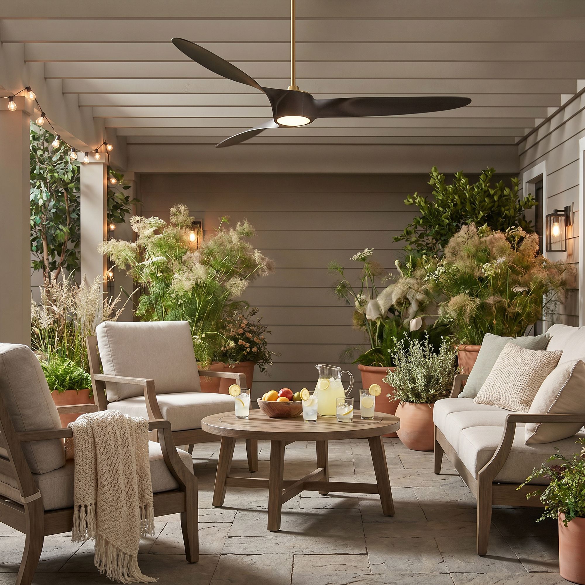 58" Casa Vieja Mako Brass and Bronze Indoor/Outdoor LED Ceiling Fan in scene