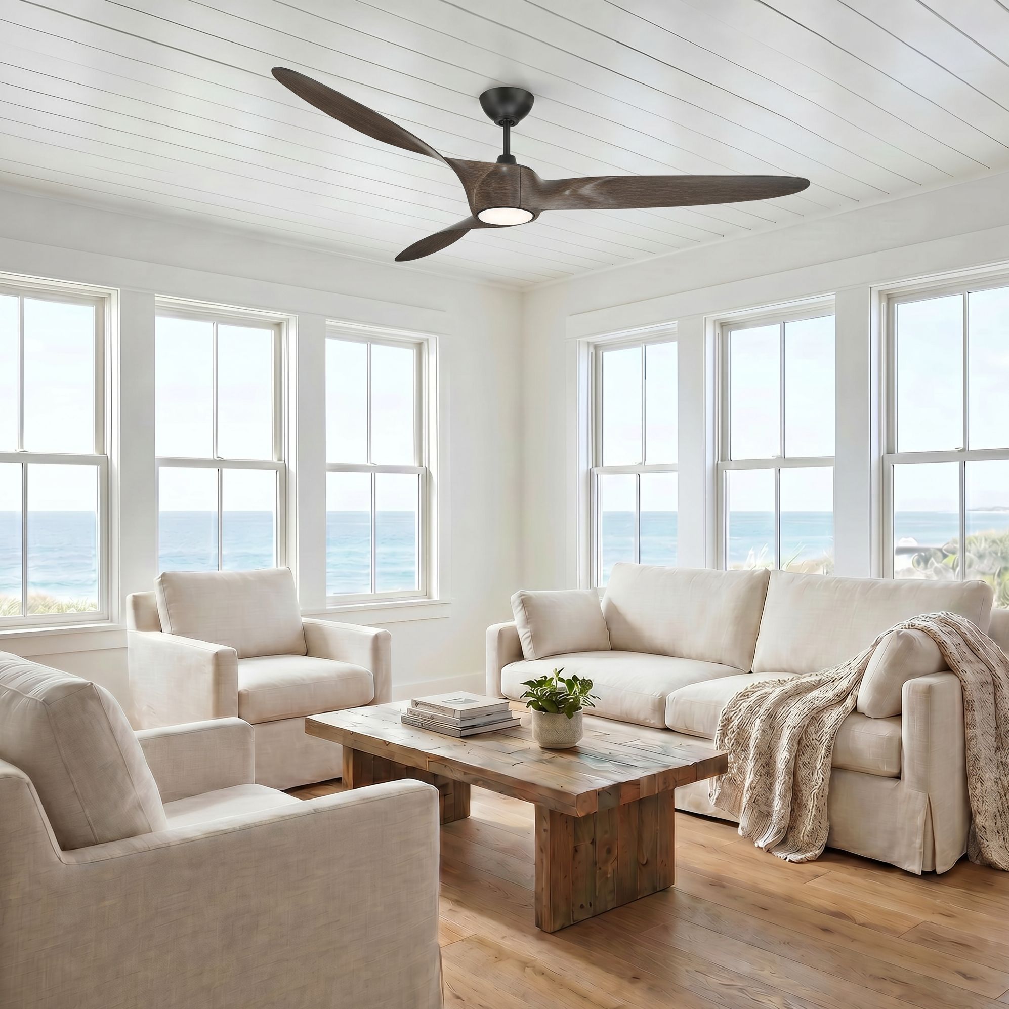 58" Casa Vieja Mako Black and Walnut Indoor/Outdoor LED Ceiling Fan in scene