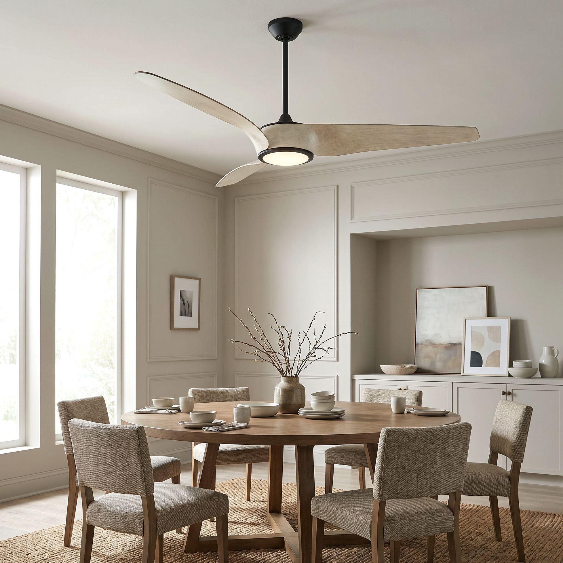 Image 1 56" Casa Como Matte Black and White Oak LED Modern Ceiling Fan in scene