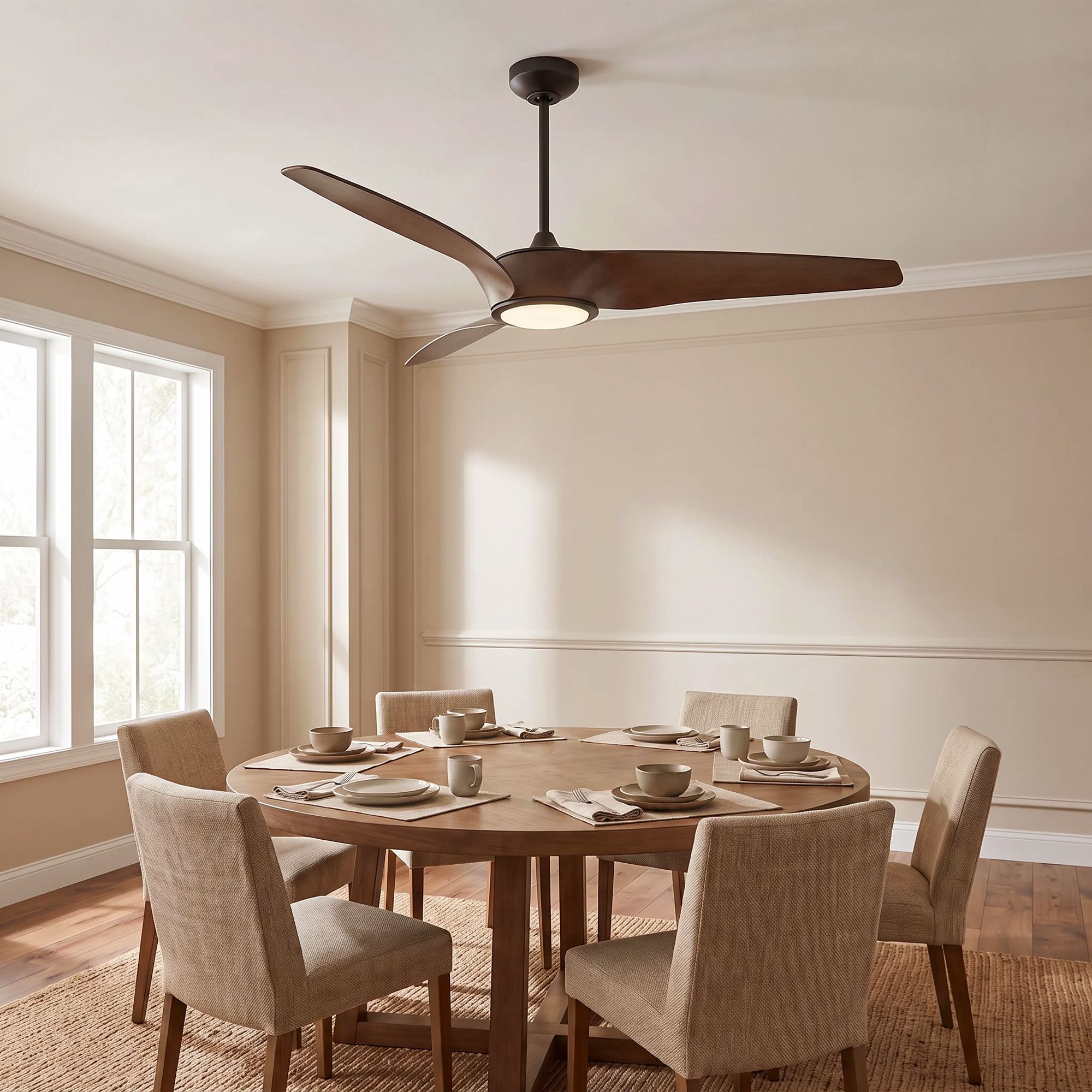 Thumbnail1 of 56" Casa Como Matte Back and Dark Walnut LED Modern Ceiling Fan in scene