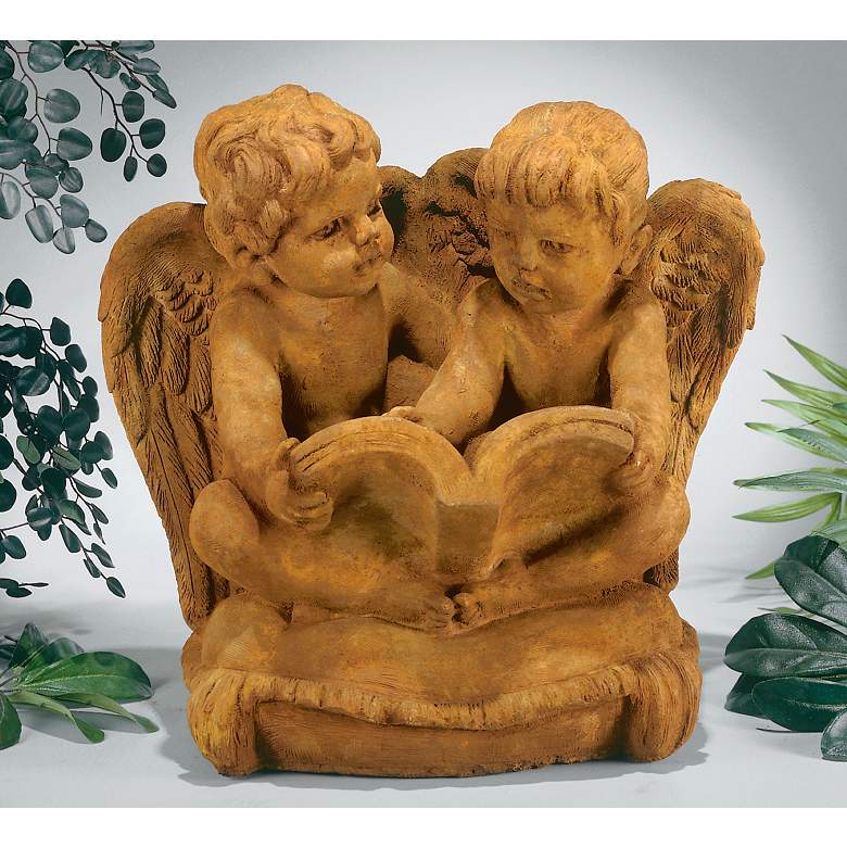 Image 1 Two Cherubs Reading 15 1/2 inchW Garden Accent Sculpture in scene