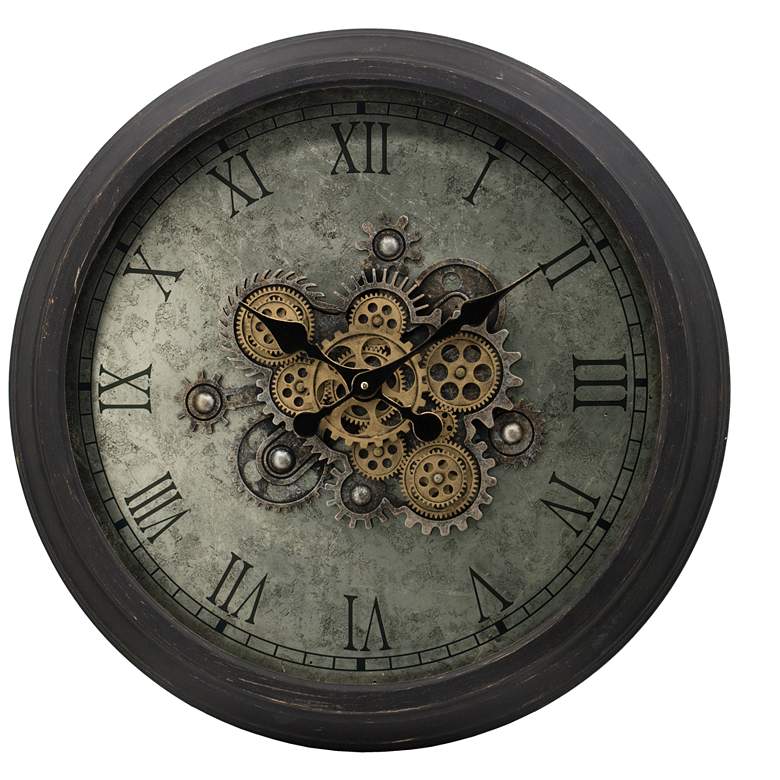 Image 1 27.8 inch Antique Silver and Black Gear Wall Clock w/ Roman Numerals