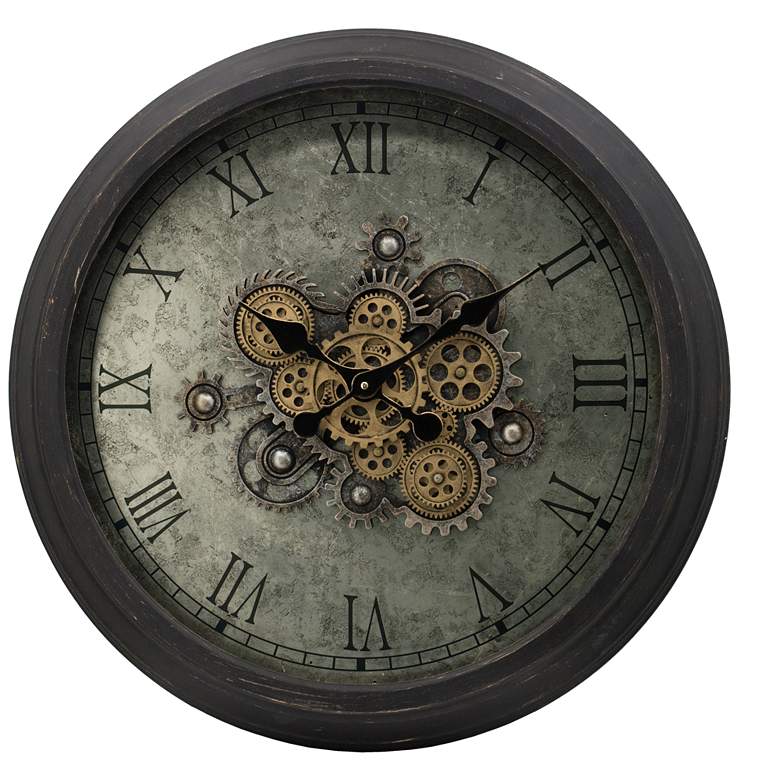 Image 1 27.8" Antique Silver and Black Gear Wall Clock w/ Roman Numerals
