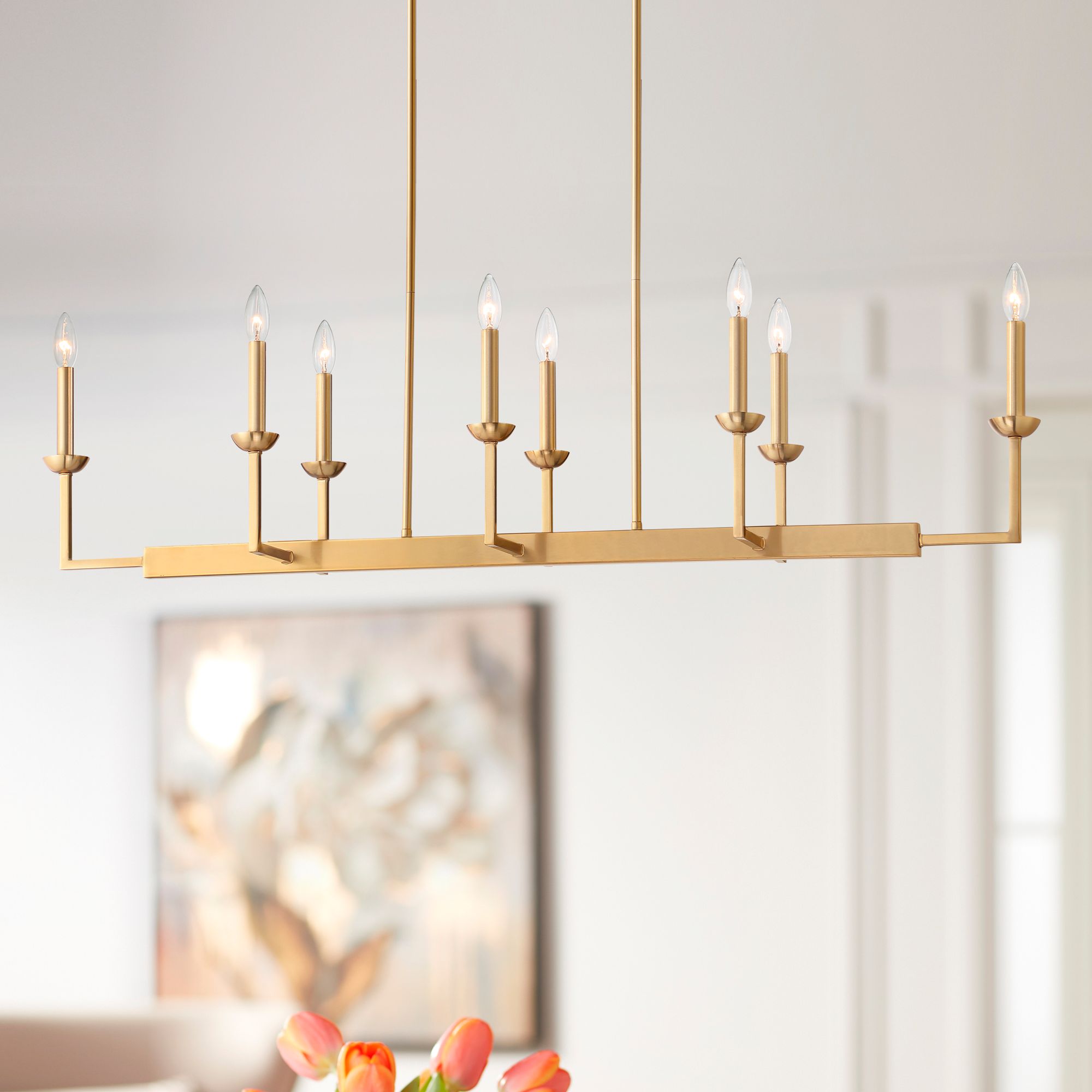 Possini Euro Kime 50" Gold 8-Light Modern Trestle Linear Chandelier in scene