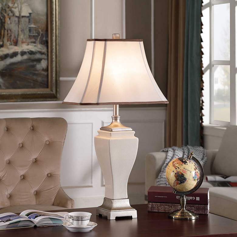 Image 1 Table Lamp - Cream Crackle Finish - White Fabric Shade in scene