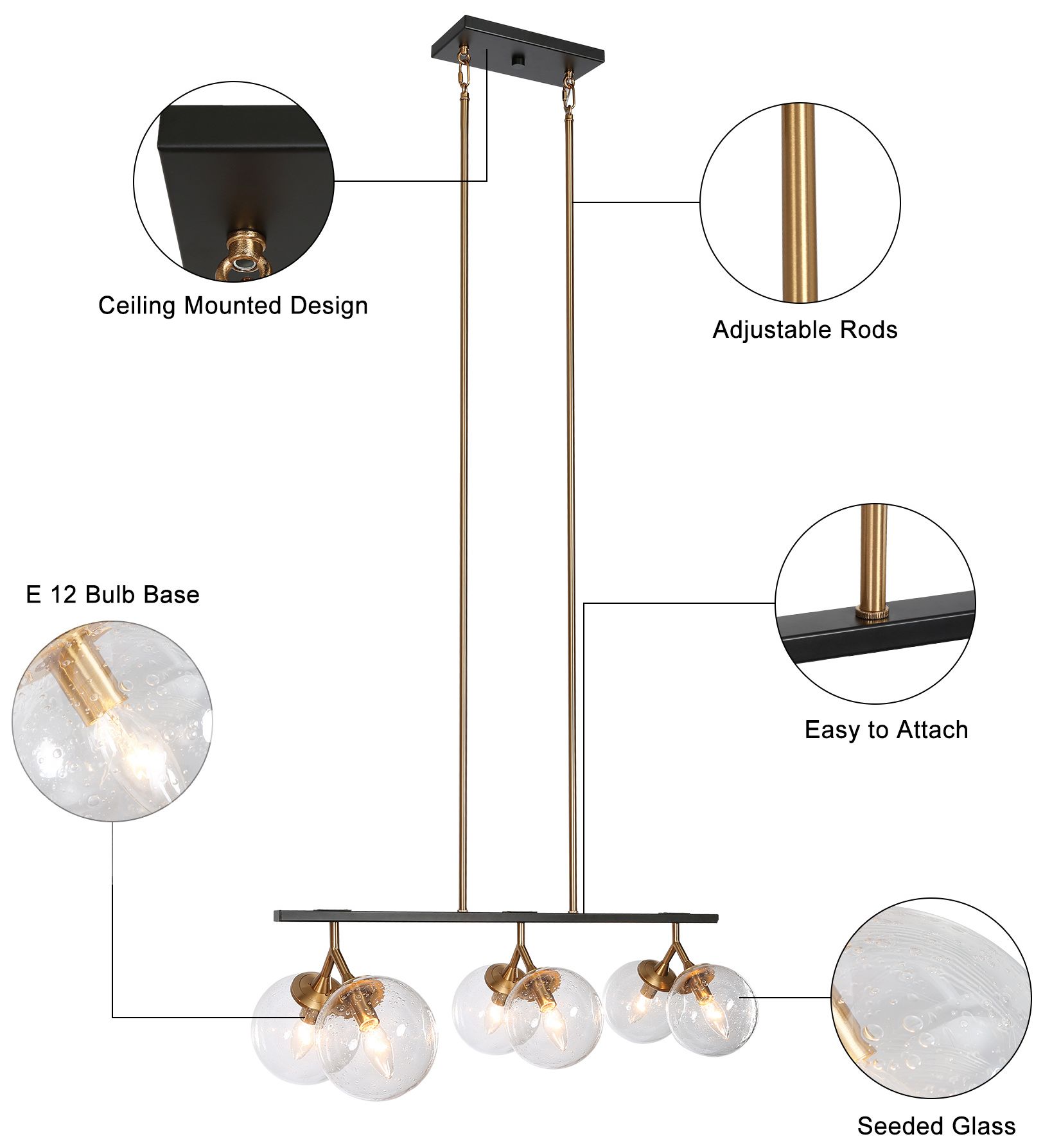 Image 5 28.5" Wide Black and Brass 6-Light Chandelier with Seeded Glass Shades more views