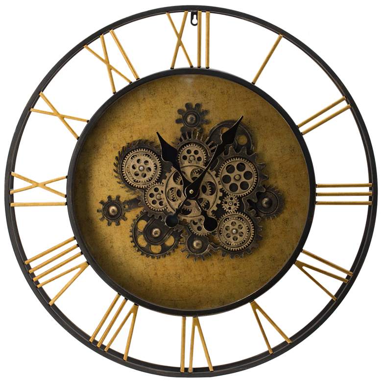 Image 1 28" Antique Black and Gold Round Gear Wall Clock with Roman Numerals