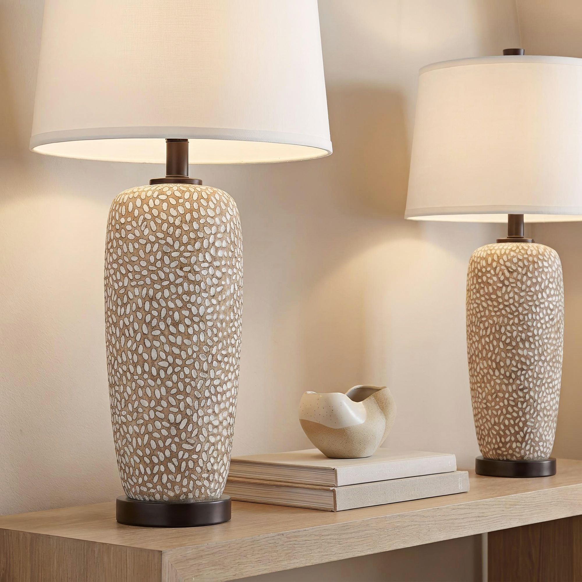 Watch A Video About the Anna Pebbled Coastal Modern Table Lamps Set of 2