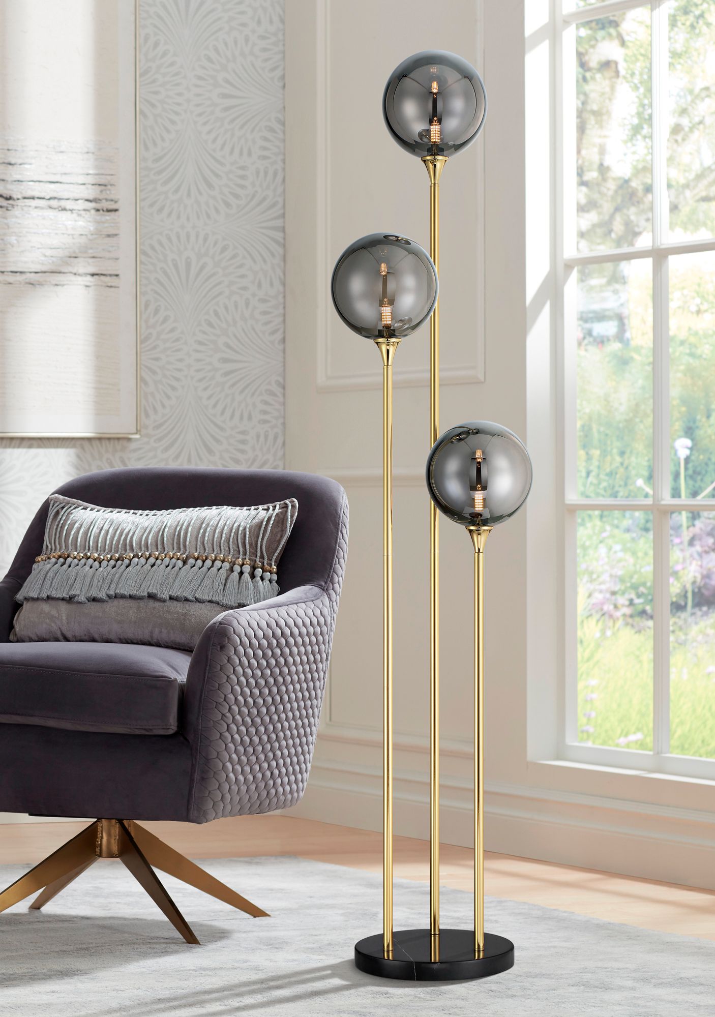 Possini Euro Arielle 67" Brass and Gray Bubble Glass Tree Floor Lamp in scene