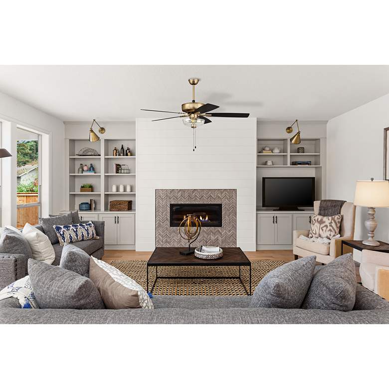 Image 1 52" Craftmade Pro Plus Satin Brass Black LED Pull Chain Ceiling Fan in scene