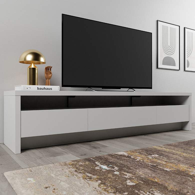Image 1 Sylvan 85 inch Wide Matte White Wood 3-Drawer TV Stand in scene