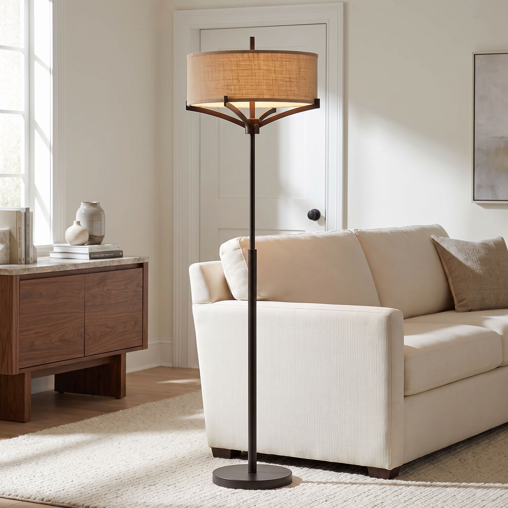 Image 1 Franklin Iron Works Tremont 62" 2-Light Floor Lamp with Burlap Shade in scene
