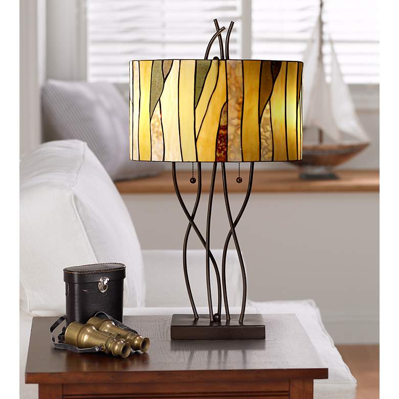 Image 1 Robert Louis Tiffany Oak Vine Art Glass Pull Chain Table Lamp in scene