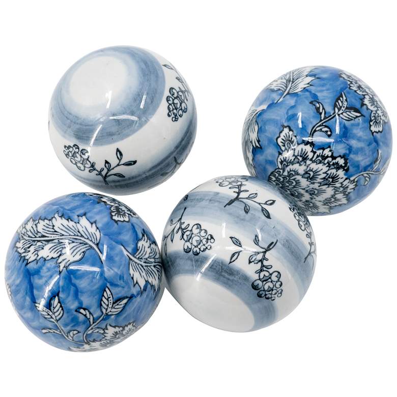 Image 1 3.9" Blue and White Floral Pattern Decorative Ball - Set of 4