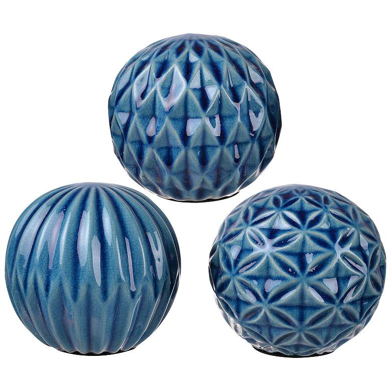Image 1 3.9 inch Blue Patterned Marbleized Ball Accents - Set Of 3