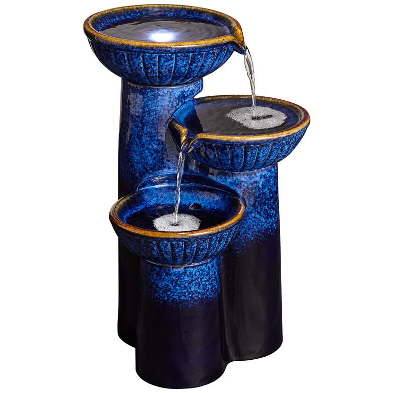 3-Bowl 26 3/4&quot; High Blue Cobalt Ceramic LED Fountain
