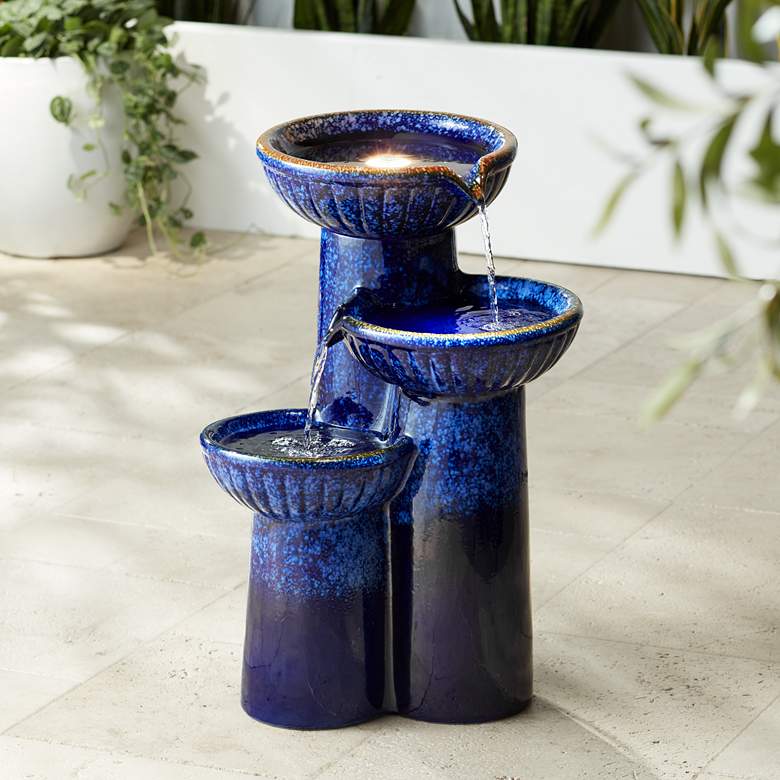 Image 1 3-Bowl 26 3/4" High Blue Cobalt Ceramic LED Fountain