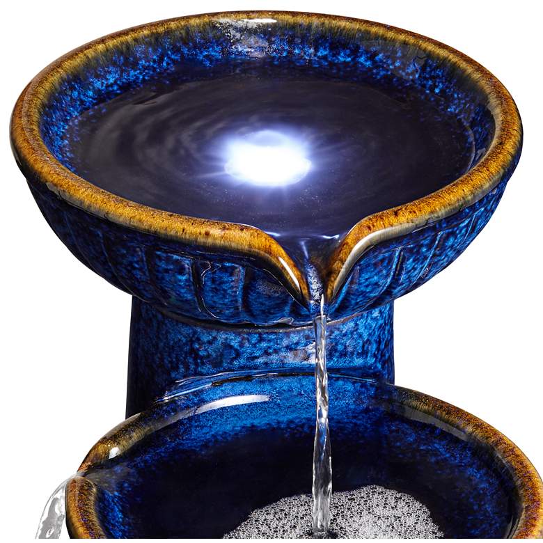 Image 3 3-Bowl 26 3/4 inch High Blue Cobalt Ceramic LED Fountain more views