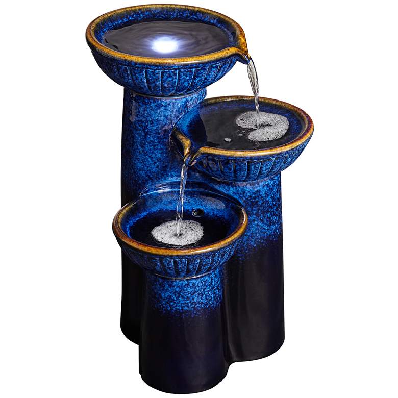 Image 5 3-Bowl 26 3/4" High Blue Cobalt Ceramic LED Fountain more views