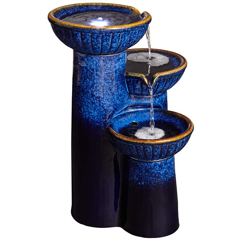Image 6 3-Bowl 26 3/4 inch High Blue Cobalt Ceramic LED Fountain more views